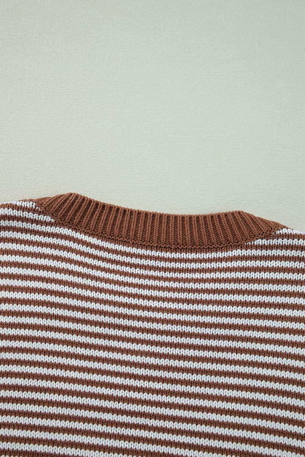 Brown Stripe Geometric Textured Drop Shoulder Sweater - Love Salve